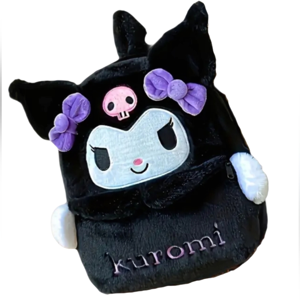 Kuromi Plush Backpack - Black & Purple - 14.5" x 12.2"